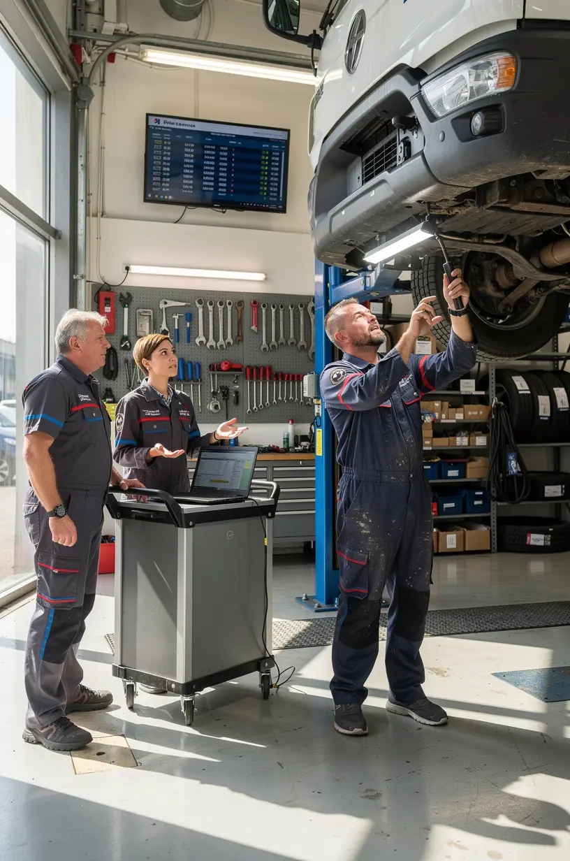 Technik kontroluje stav pneumatík a brzdového systému na údržbu vozidla v centrále flotilovej služby.